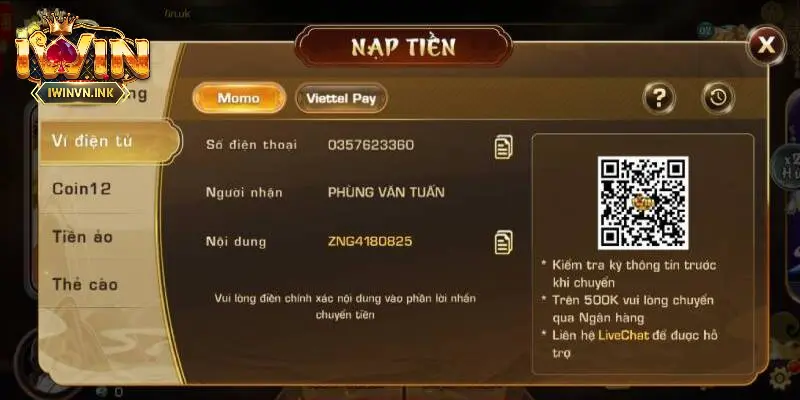 Nạp tiền iWin qua ví Momo rất đơn giản